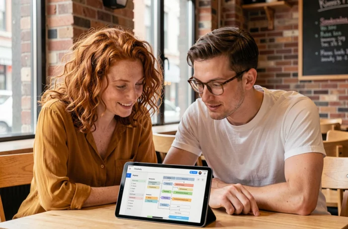 Deux personnes collaborent sur un plan de navigation de contenu affiché sur une tablette dans un café urbain