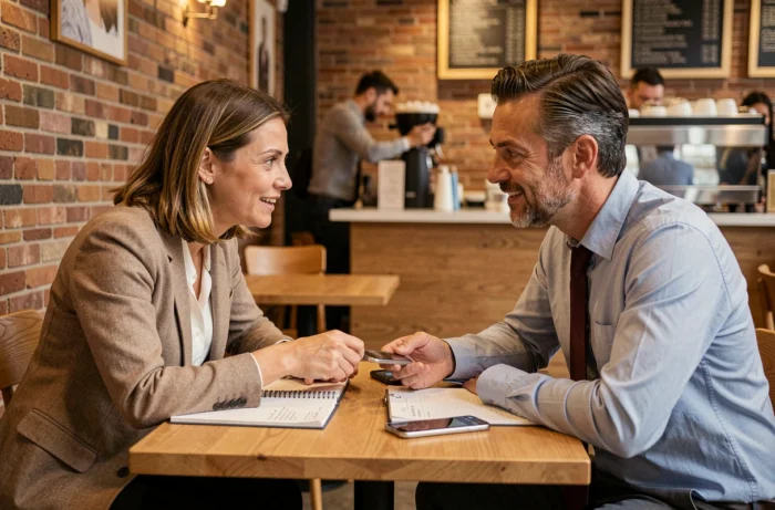 Deux professionnels échangeant en face-à-face dans un café et confirmant leur disponibilité pour de futurs échanges d'informations