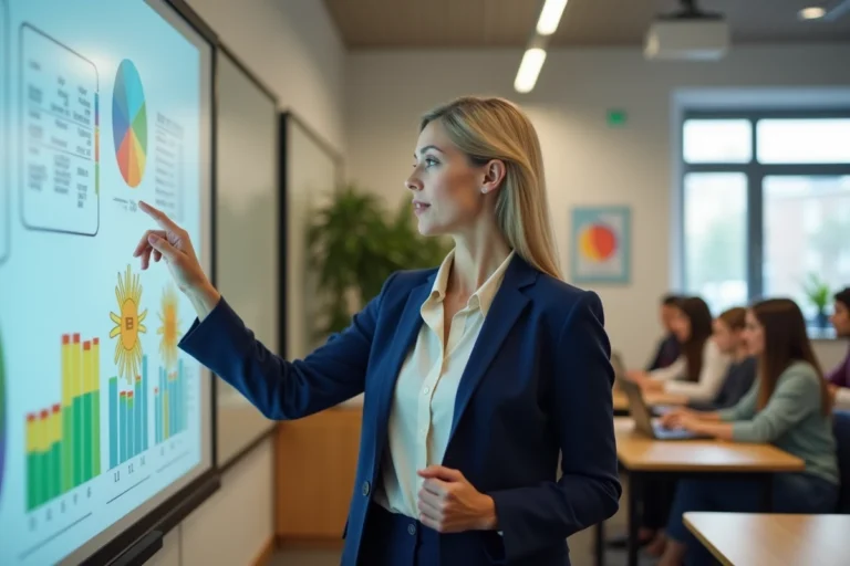 Enseignante devant un tableau interactif numérique dans une salle de classe moderne équipée de tablettes et laptops