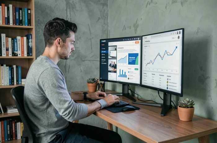 Jeune entrepreneur analysant les tendances marketing en ligne sur un double écran dans un bureau à domicile moderne