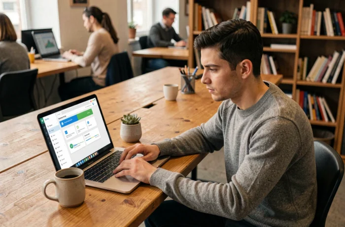 Jeune entrepreneur travaillant sur une plateforme de services numériques innovants dans un espace de coworking