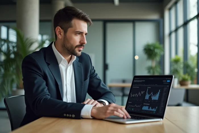 Entrepreneur fintech assis à un bureau moderne avec des graphiques financiers sur laptop, illustrant l'analyse de fortune et de patrimoine