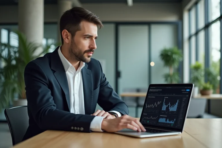 Entrepreneur fintech assis à un bureau moderne avec des graphiques financiers sur laptop, illustrant l'analyse de fortune et de patrimoine