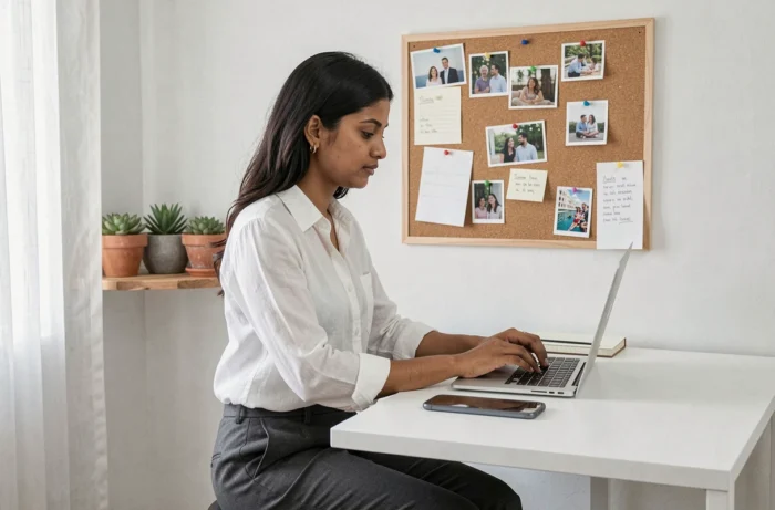 Femme entrepreneuse sud-asiatique travaillant sur son ordinateur portable dans un bureau à domicile minimaliste
