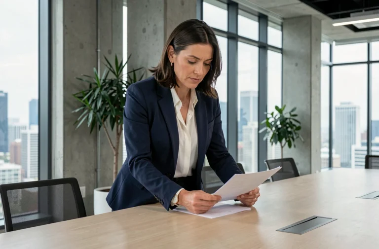 Femme entrepreneuse en blazer marine analysant des documents dans un bureau moderne avec vue sur la ville