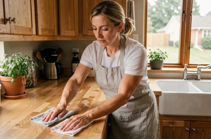 Femme entretenant un plan de travail en bois dans une cuisine moderne et lumineuse