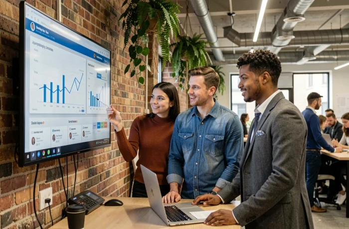 Équipe de journalistes analysant des métriques numériques et des données de médias sociaux sur un écran interactif dans un espace de coworking