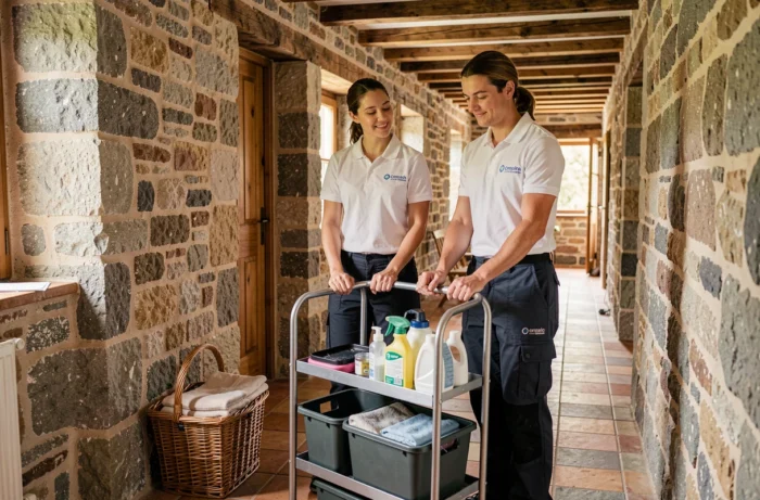 Équipe de nettoyage professionnelle en uniforme blanc préparant le matériel dans le couloir en pierre d'une maison de vacances bretonne rénovée