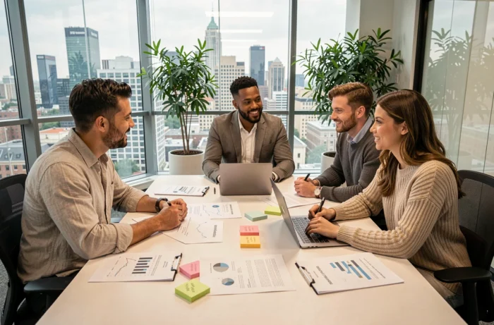 Équipe professionnelle en réunion collaborant sur des stratégies innovantes pour la croissance d'entreprise