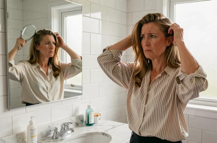 Femme inspectant le résultat d'une coupe couronne ratée dans un miroir de salle de bain, soulignant les erreurs courantes à éviter