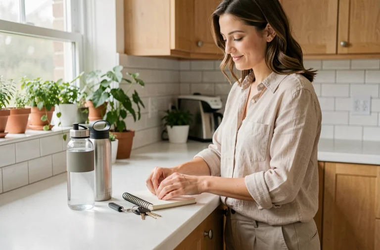 Femme organisant ses essentiels du quotidien sur un comptoir de cuisine épuré et bien rangé