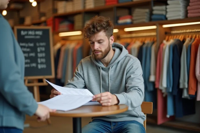 Un homme consulte une estimation de rachat de vêtements dans une boutique Ding Fring à Nantes