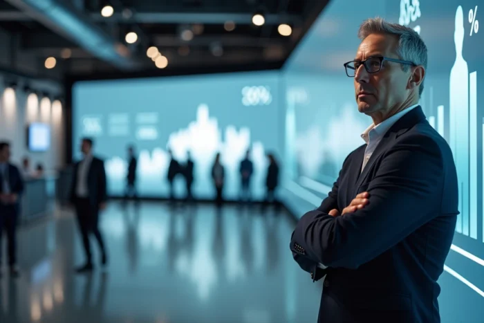 Homme analysant un tableau de bord numérique affichant la valorisation monétaire de profils humains lors d'une exposition technologique