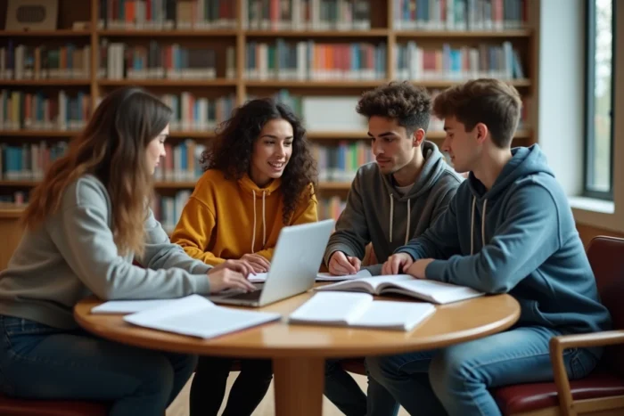 Groupe d'étudiants universitaires collaborant autour d'une table dans une bibliothèque académique moderne