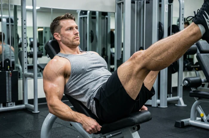 Athlète masculin effectuant des relevés de jambes sur chaise romaine dans une salle de sport moderne