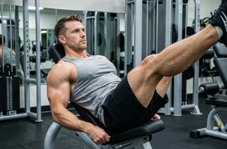 Athlète masculin effectuant des relevés de jambes sur chaise romaine dans une salle de sport moderne