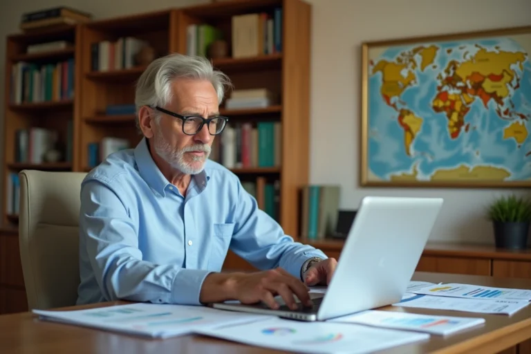 Expatrié senior révisant ses documents de planification de retraite à l'étranger dans un bureau à domicile