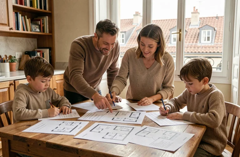 Famille lyonnaise avec enfants consultant des annonces immobilières pour trouver un appartement familial à Lyon