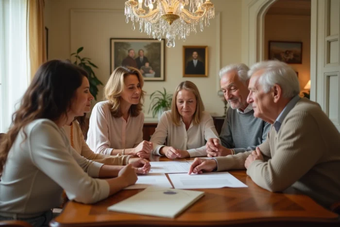 Famille réunie autour d'une table pour la lecture d'un testament et le partage d'un héritage