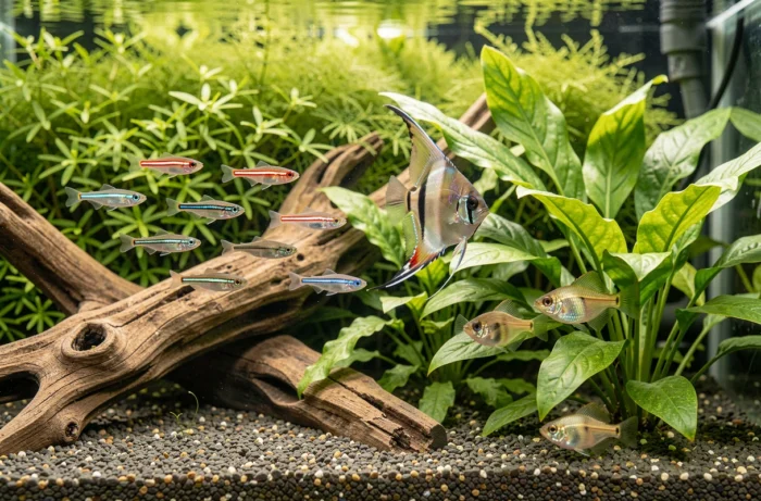 Aquarium communautaire montrant différentes familles de poissons tropicaux comme les tétra, l'ange et le gourami
