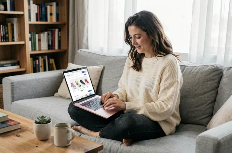 Femme parcourant des offres de chaussures en ligne sur son ordinateur portable depuis son canapé