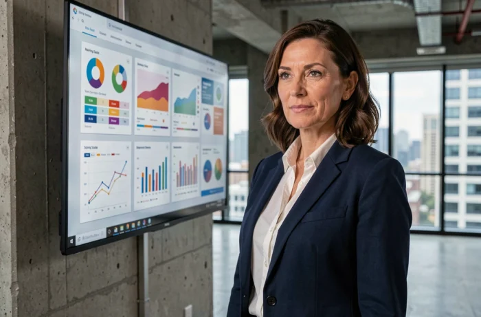 Femme d'affaires devant un tableau de bord numérique innovant dans un bureau moderne