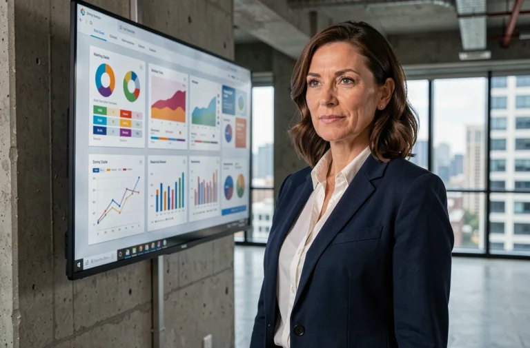 Femme d'affaires devant un tableau de bord numérique innovant dans un bureau moderne