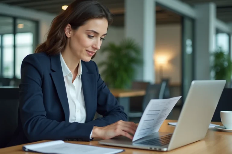 Femme cadre consultant ses caisses de retraite d'entreprise en ligne sur un ordinateur portable dans un bureau moderne