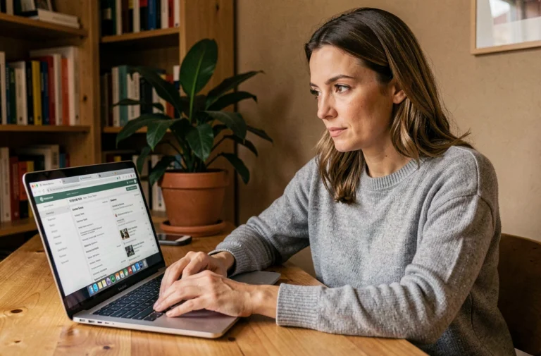 Femme consultant l'historique des annonces leboncoin sur un ordinateur portable dans un bureau à domicile