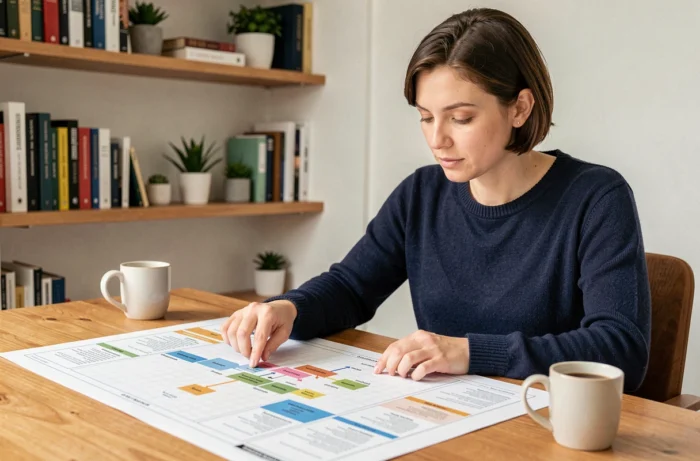 Une femme consulte attentivement un plan de site imprimé sur un bureau en bois dans un bureau à domicile moderne
