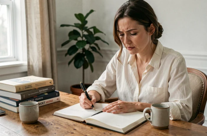 Femme écrivant dans un carnet avec un stylo plume, entourée de livres de grammaire française, illustrant la réflexion sur l'orthographe des mots émergent et émergeant