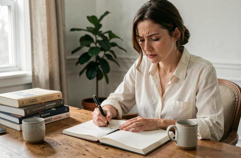 Femme écrivant dans un carnet avec un stylo plume, entourée de livres de grammaire française, illustrant la réflexion sur l'orthographe des mots émergent et émergeant