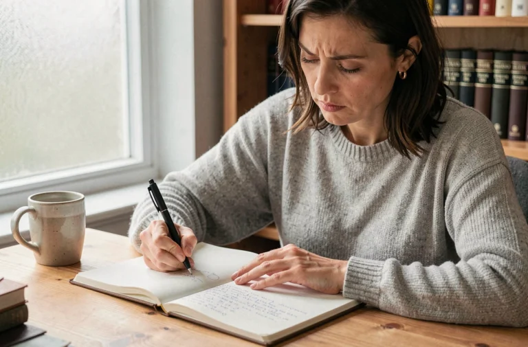 Femme concentrée écrivant dans un cahier ouvert avec un stylo, entourée de dictionnaires et de livres de grammaire dans un bureau cosy