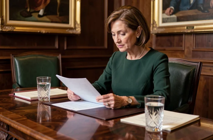 Femme influente dans un club privé de prestige consultant des documents autour d'une table en acajou