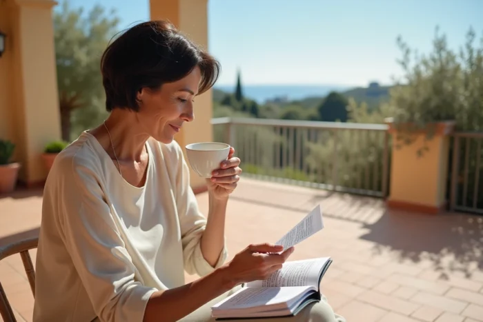 Femme expatriée consultant un guide sur les pensions internationales depuis une terrasse méditerranéenne
