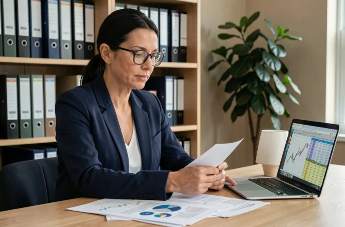 Femme professionnelle analysant des documents financiers sur un bureau en bois dans un bureau à domicile moderne