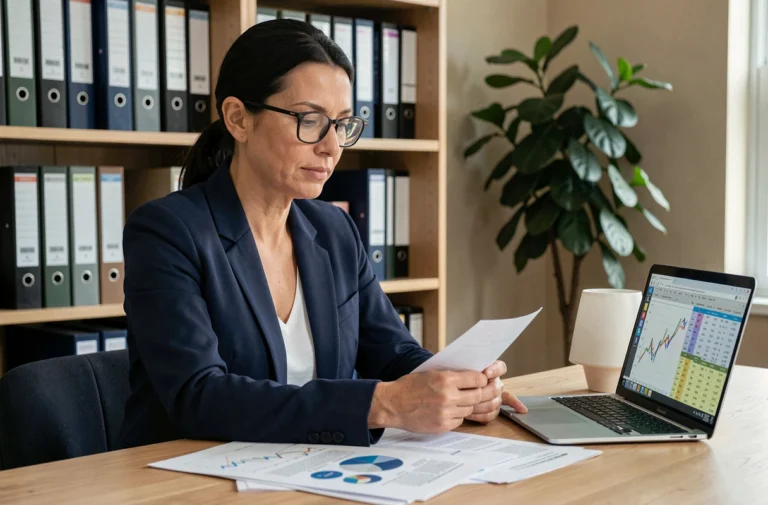 Femme professionnelle analysant des documents financiers sur un bureau en bois dans un bureau à domicile moderne