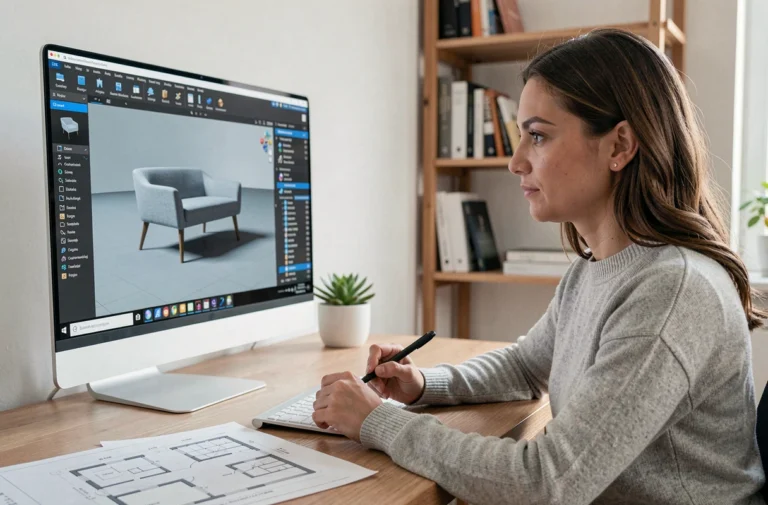 Femme utilisant un logiciel de design 3D HomeByMe pour importer un objet personnalisé sur un ordinateur de bureau