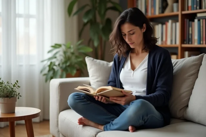 Femme lisant tranquillement dans un salon cosy, incarnant une vie intime et apaisée loin de la célébrité