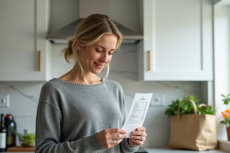 Femme lisant attentivement son ticket de caisse Lidl dans sa cuisine, comprenant chaque ligne du reçu