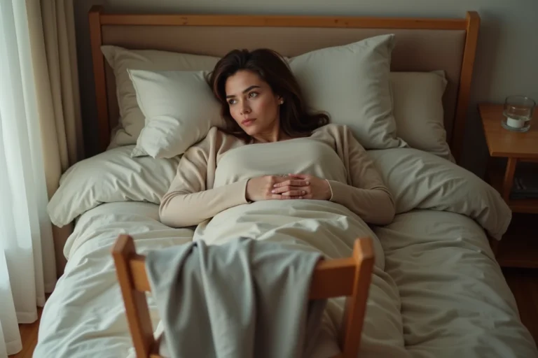 Femme allongée dans son lit regardant une chaise au pied du lit avec des vêtements posés dessus, ambiance chambre à coucher naturelle
