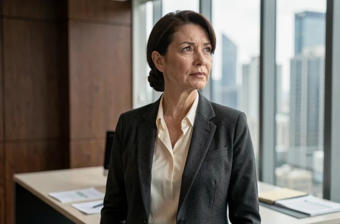 Portrait élégant d'une femme cadre dans un bureau de finance moderne avec vue sur la ville