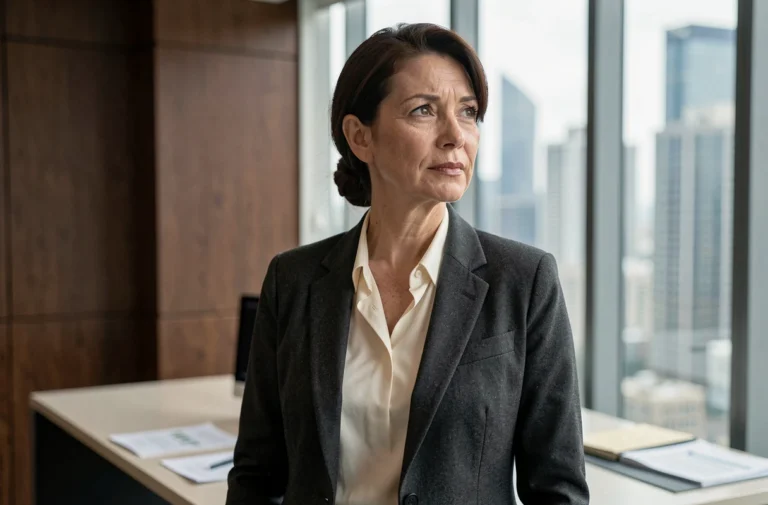 Portrait élégant d'une femme cadre dans un bureau de finance moderne avec vue sur la ville