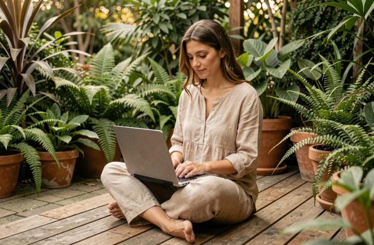 Femme assise sur une terrasse en bois entourée de plantes, travaillant sur un ordinateur portable dans un cadre naturel apaisant