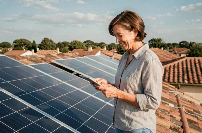 Femme examinant des panneaux solaires sur le toit d'une maison résidentielle avec une tablette numérique