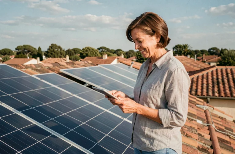 Femme examinant des panneaux solaires sur le toit d'une maison résidentielle avec une tablette numérique