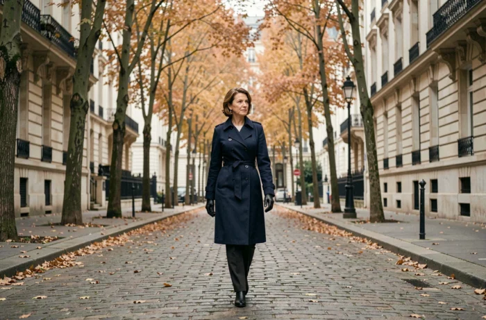 Femme élégante marchant dans un quartier huppé aux façades haussmanniennes en automne