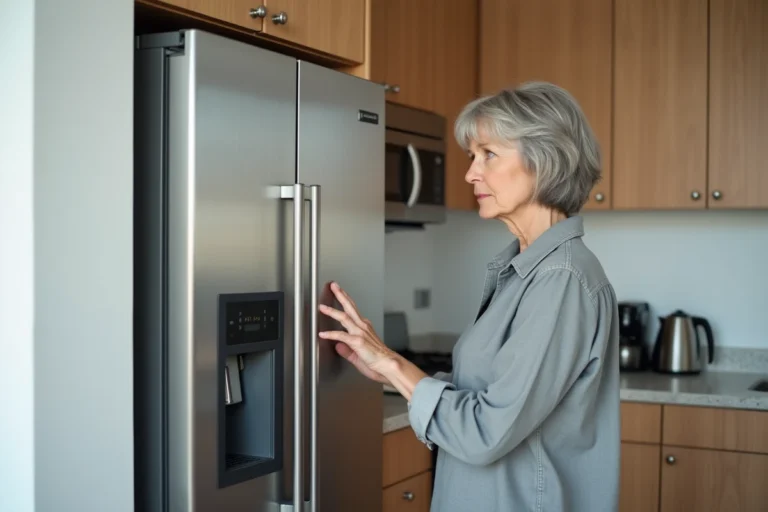 Femme touchant la paroi chaude d'un réfrigérateur en inox dans une cuisine moderne