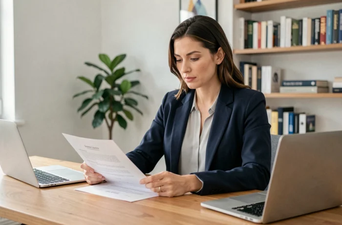 Femme professionnelle en blazer marine révisant son CV à son bureau à domicile pour trouver un emploi en 2024
