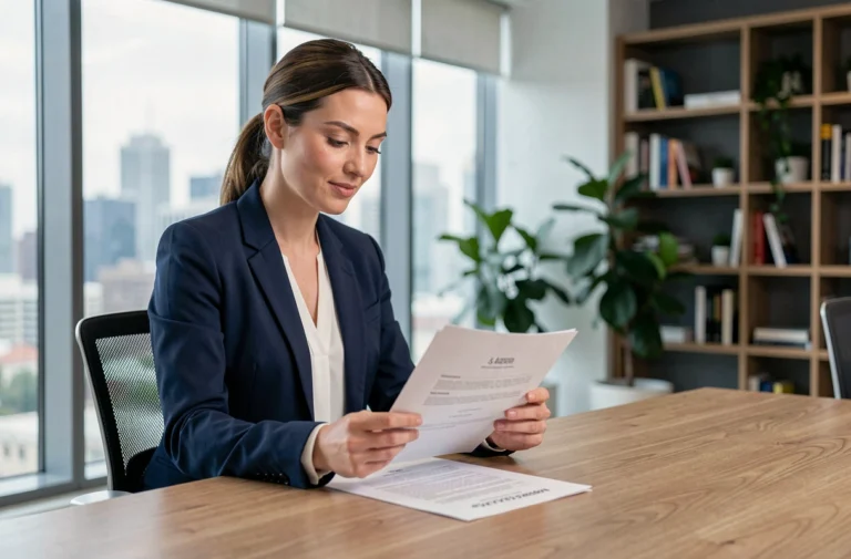 Femme professionnelle en blazer marine révisant un CV avec ses compétences sportives dans un bureau moderne